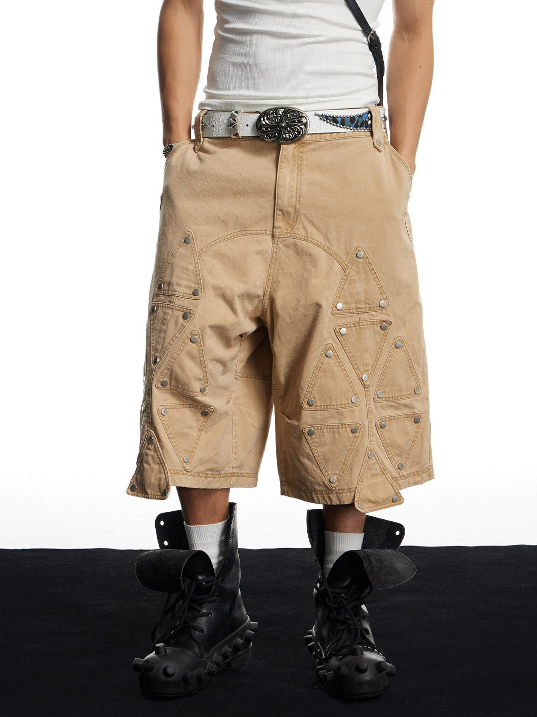 Washed Studded Geo Armor Panel Cargo Shorts