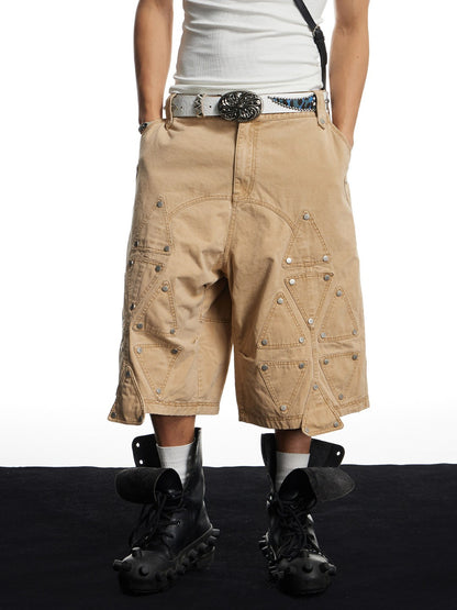 Washed Studded Geo Armor Panel Cargo Shorts