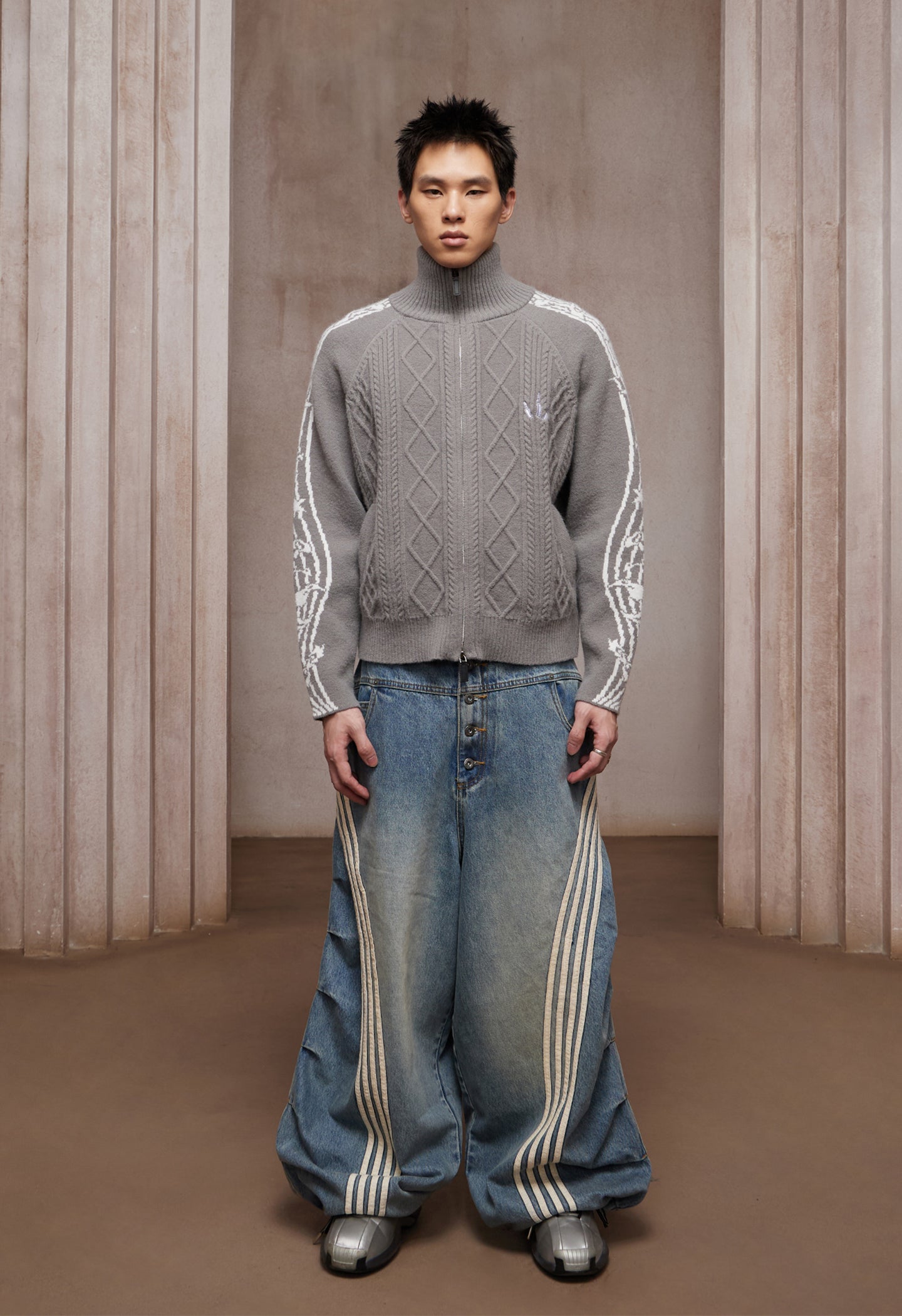 Riff Aran Cable Knit High-Neck Zip-Up Jacket
