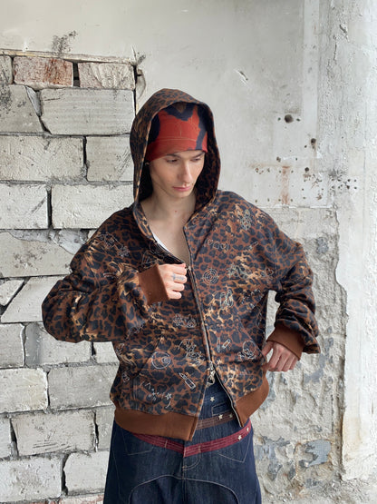 Leopard Rhinestone Cartoon Patch Zip-Up Hoodie