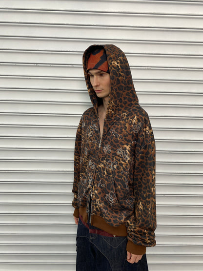 Leopard Rhinestone Cartoon Patch Zip-Up Hoodie