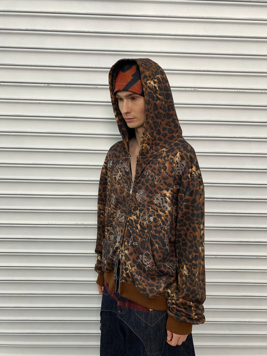 Leopard Rhinestone Cartoon Patch Zip-Up Hoodie