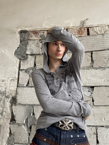 Gothic Lettering Half-Zip Hooded Long Sleeve