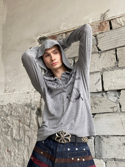 Gothic Lettering Half-Zip Hooded Long Sleeve