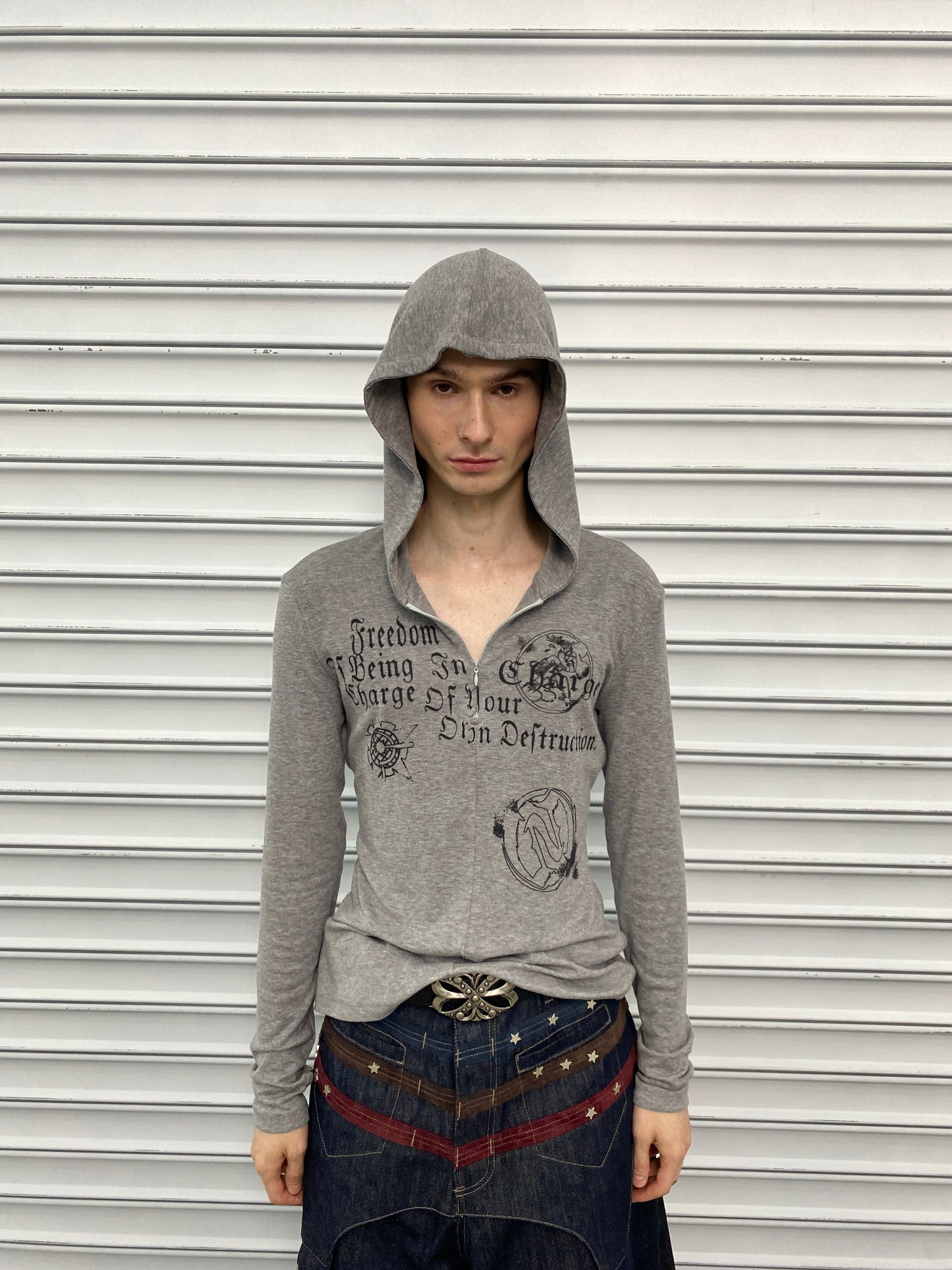 Gothic Lettering Half-Zip Hooded Long Sleeve