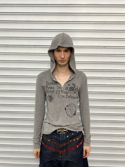 Gothic Lettering Half-Zip Hooded Long Sleeve