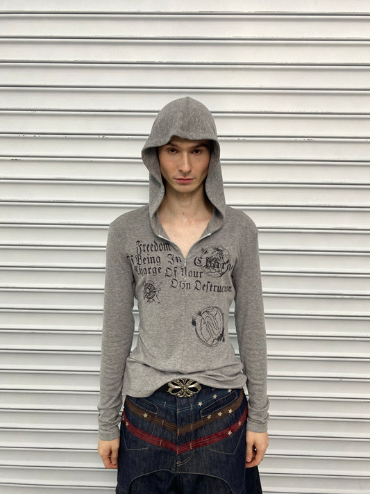 Gothic Lettering Half-Zip Hooded Long Sleeve
