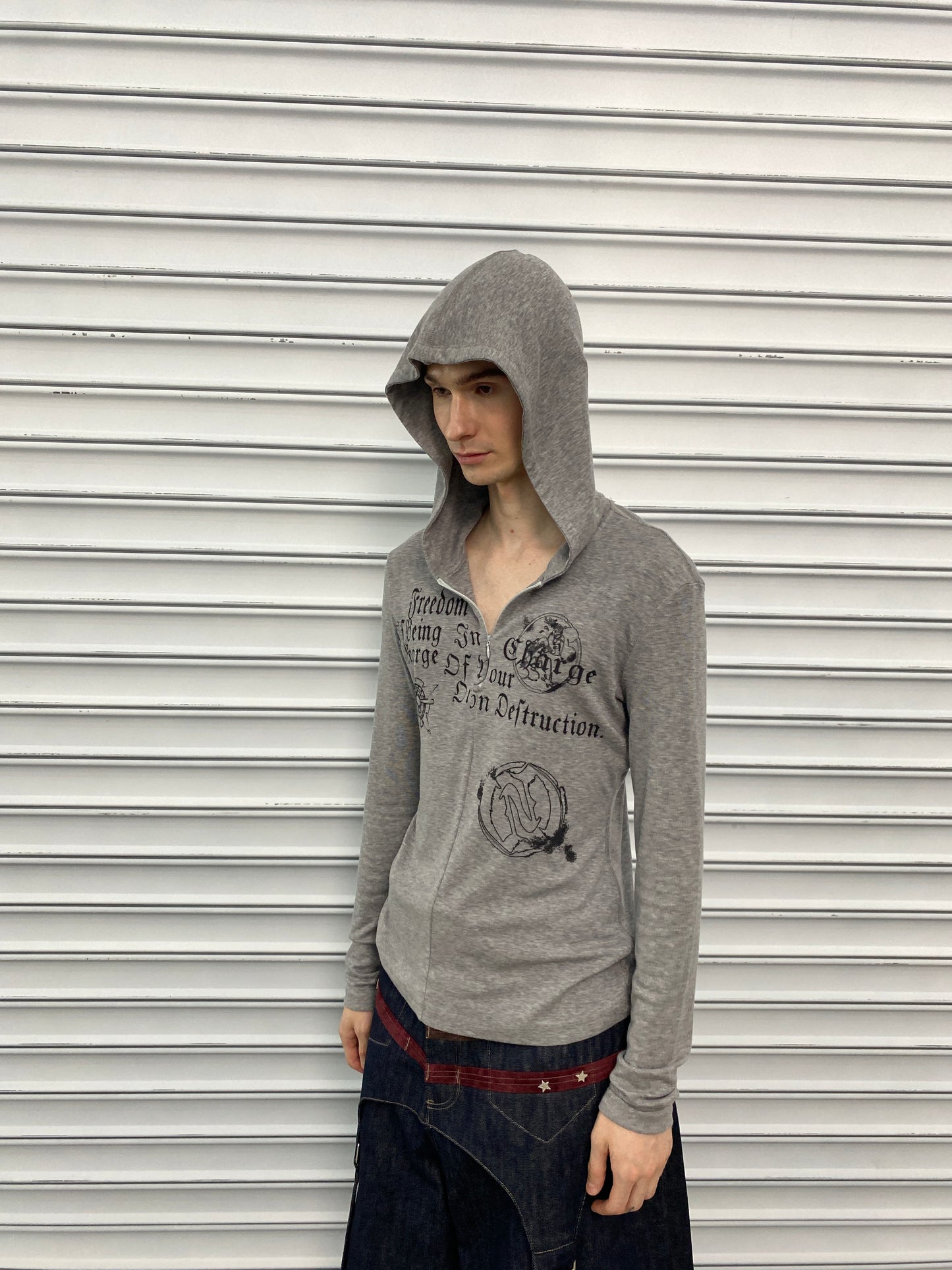 Gothic Lettering Half-Zip Hooded Long Sleeve