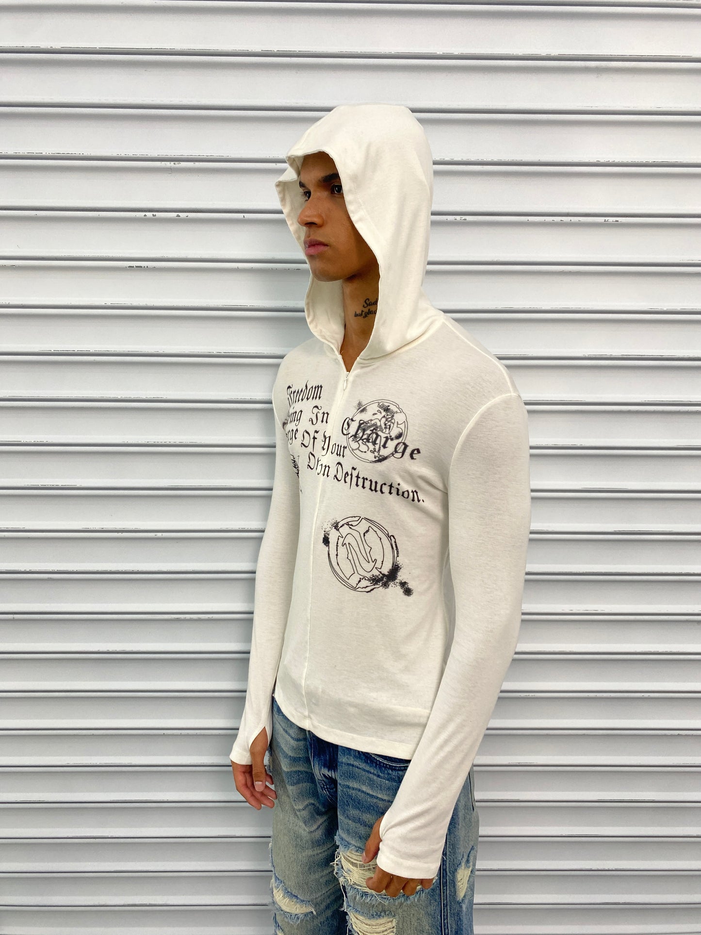 Gothic Lettering Half-Zip Hooded Long Sleeve
