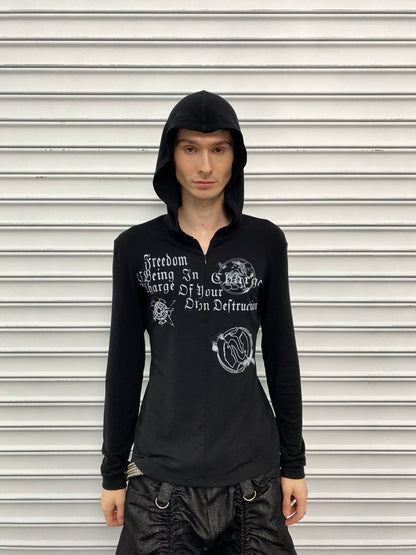 Gothic Lettering Half-Zip Hooded Long Sleeve