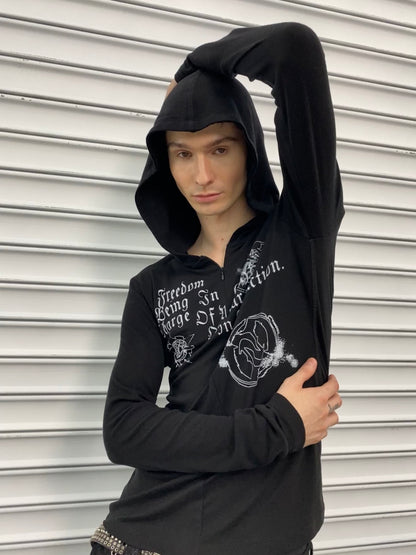 Gothic Lettering Half-Zip Hooded Long Sleeve