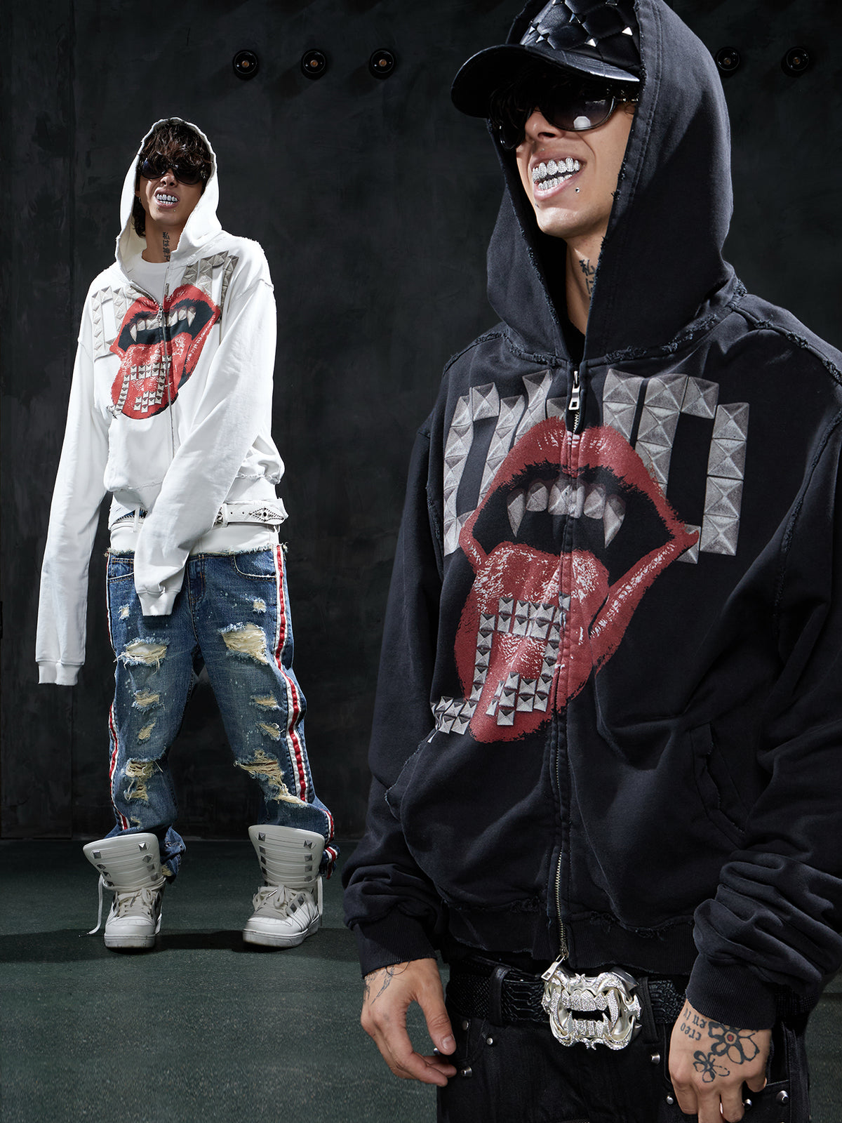 Dark Studded Tongue Graphic Oversized Zip-Up Hoodie