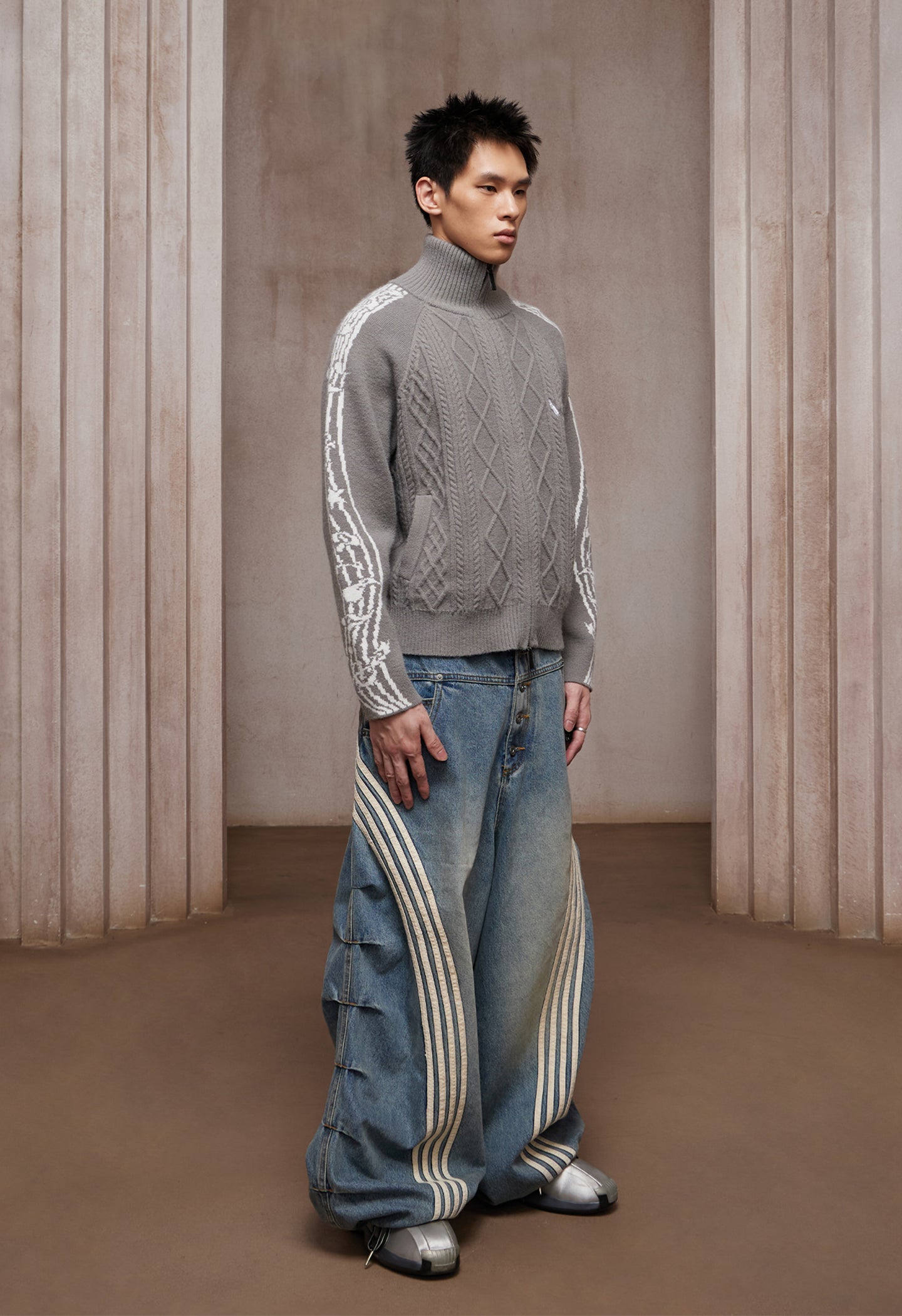 Riff Aran Cable Knit High-Neck Zip-Up Jacket