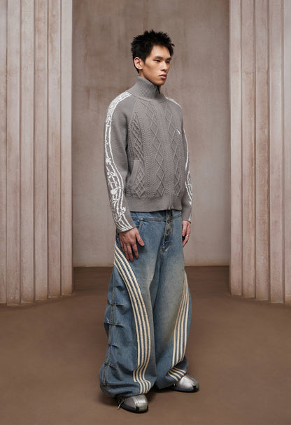 Riff Aran Cable Knit High-Neck Zip-Up Jacket