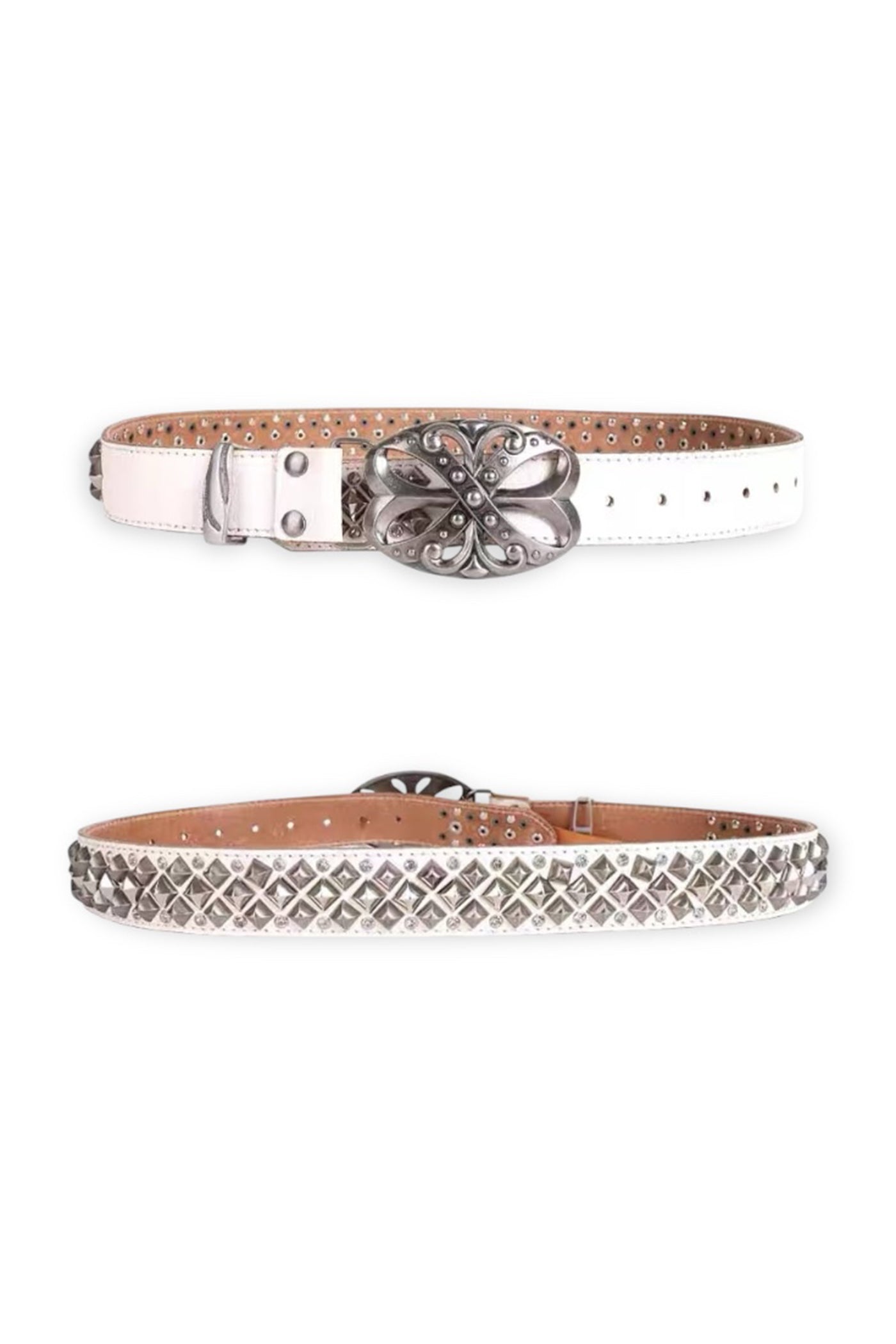 Studded Rhinestone Carved Buckle Leather Belt