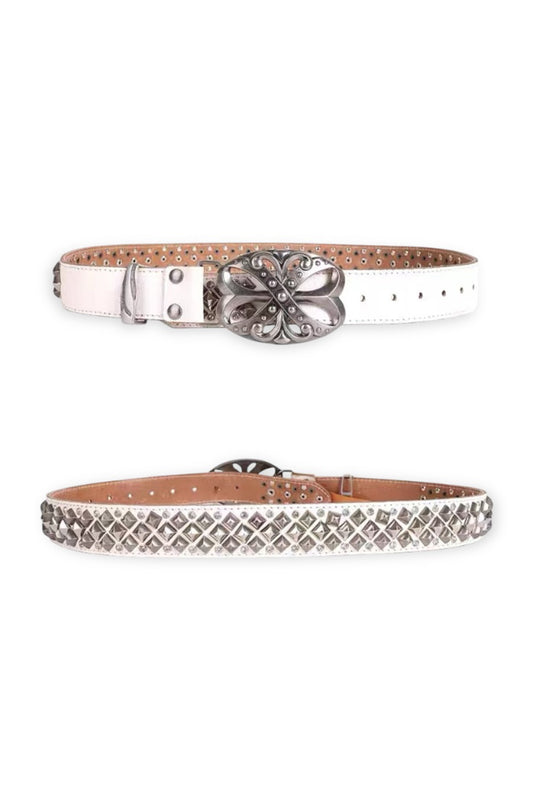 Studded Rhinestone Carved Buckle Leather Belt