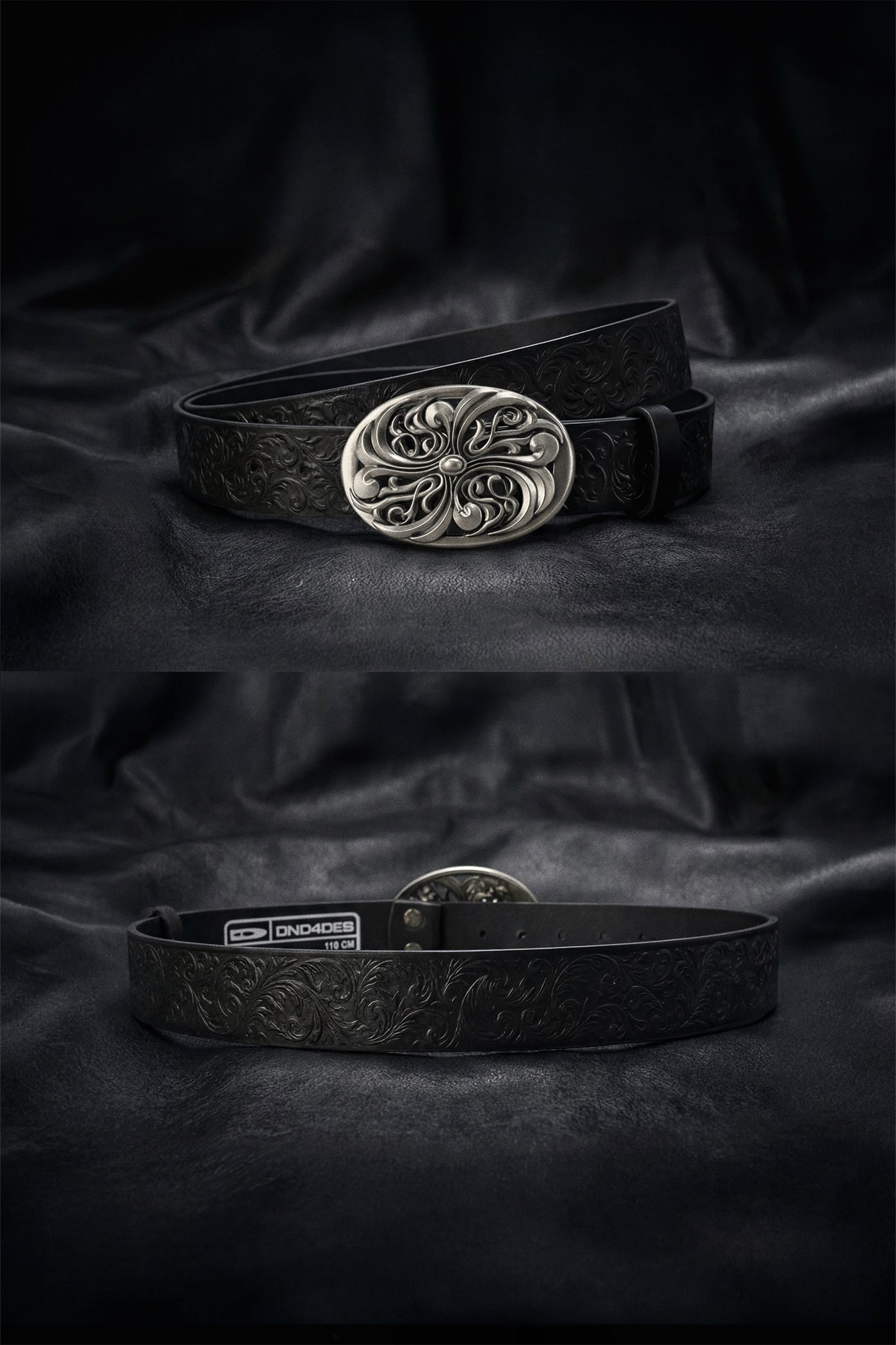 Chrome Acanthus Carved Leather Belt