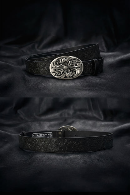 Chrome Acanthus Carved Leather Belt
