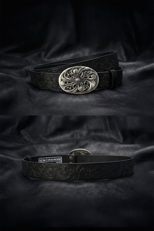 Chrome Acanthus Carved Leather Belt