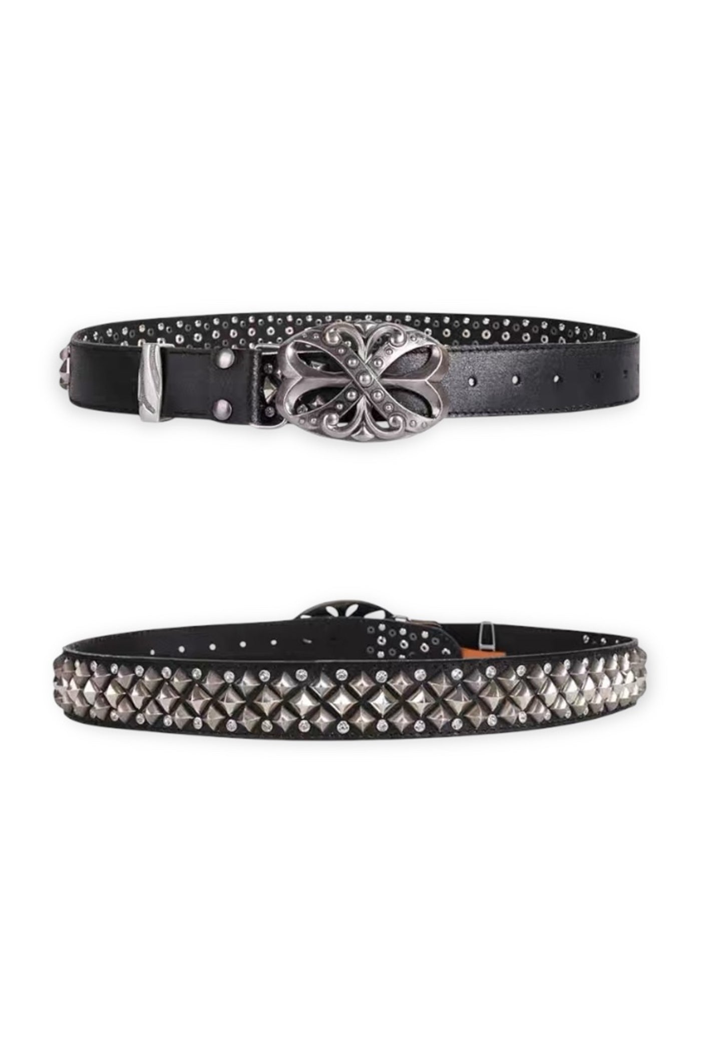 Studded Rhinestone Carved Buckle Leather Belt