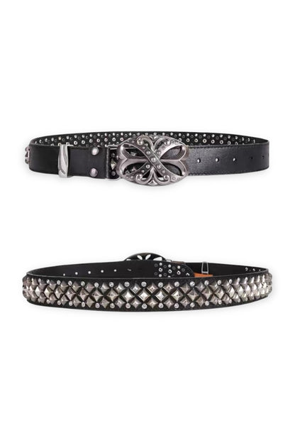 Studded Rhinestone Carved Buckle Leather Belt