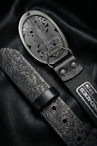 Chrome Acanthus Carved Leather Belt