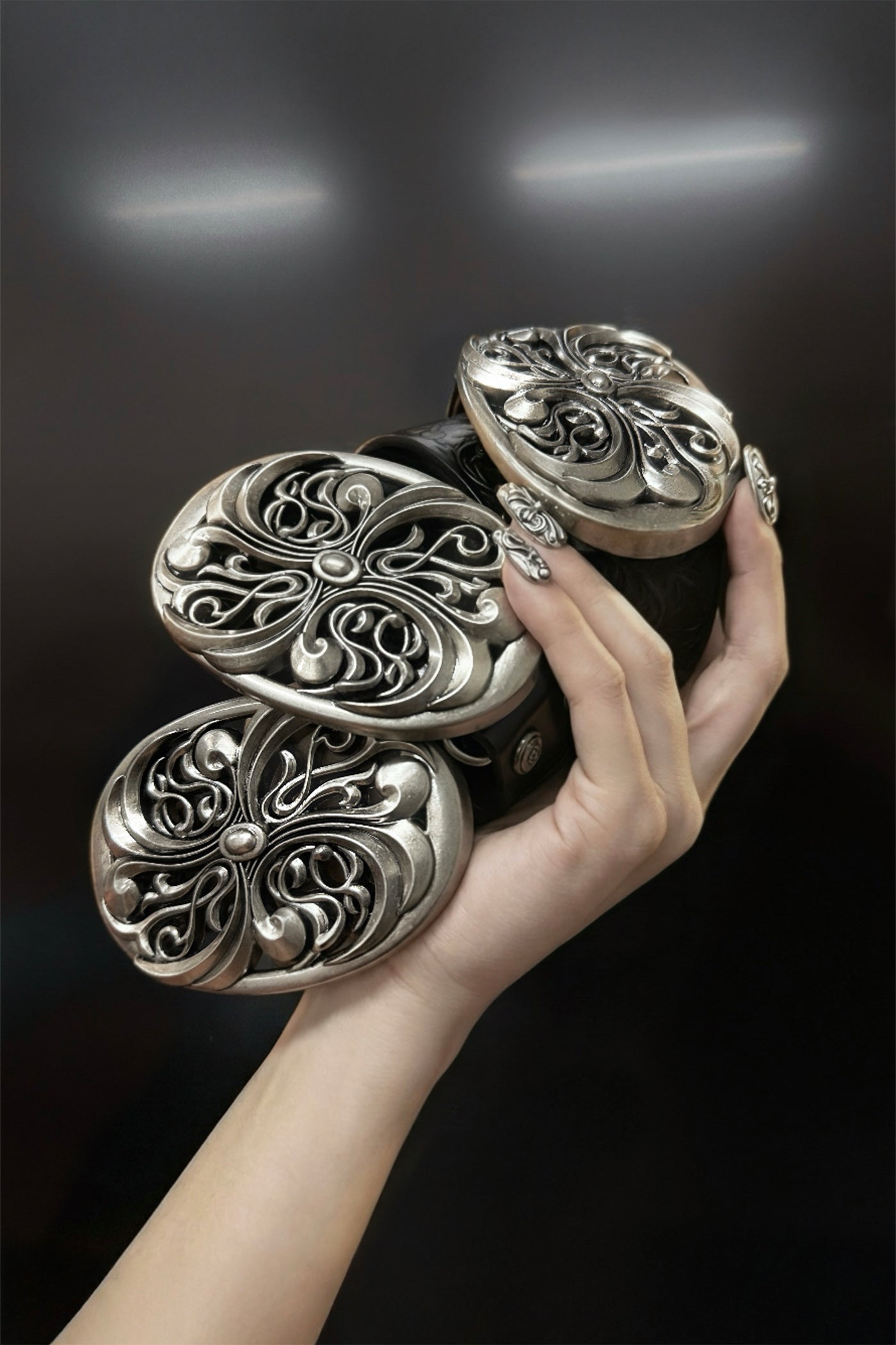 Chrome Acanthus Carved Leather Belt