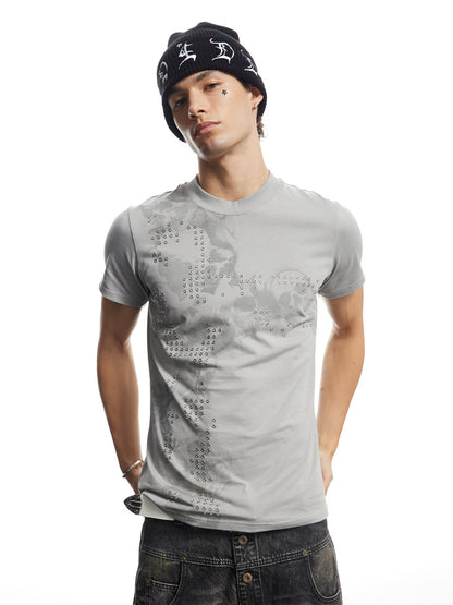 Rhinestone Gothic Cross Skull Print Fitted T-Shirt