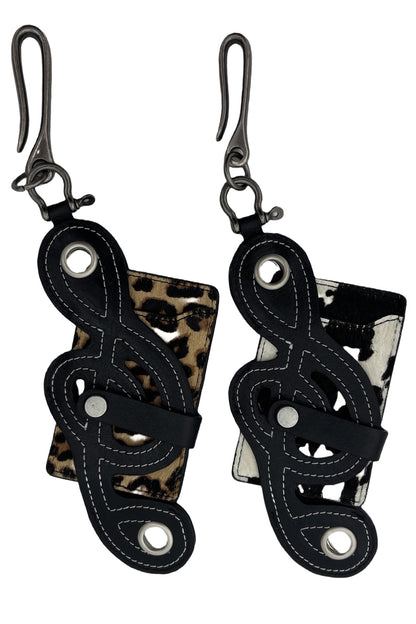 Genuine Haircalf Leopard x Cow Print Leather Cardholder with Music Notes and Star Rivets