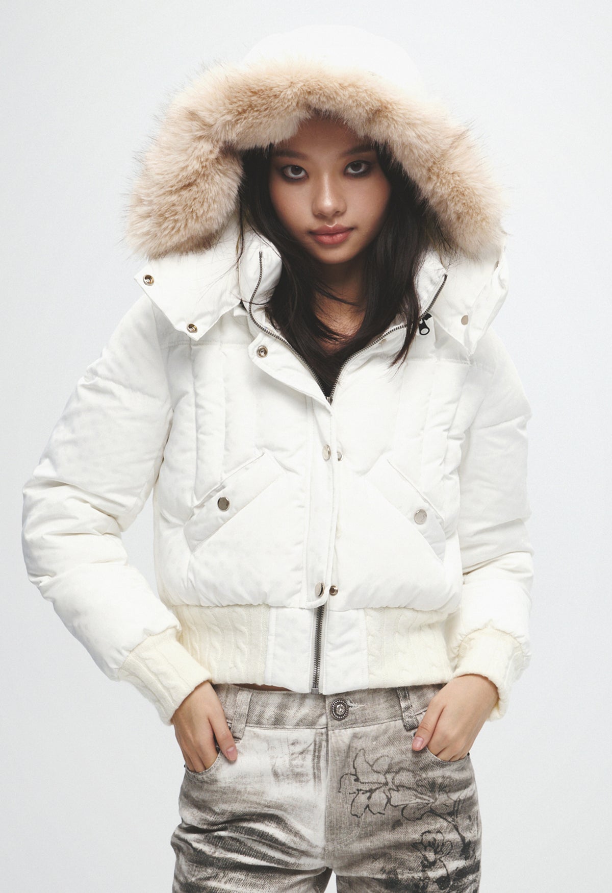 Faux Fur Hooded Cropped Fitted Down Jacket (Ivory)