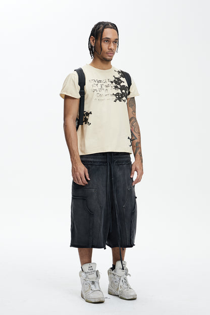 Multi Skulls Distressed Rolled Sleeve Tee