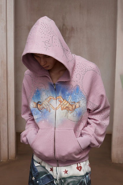 Dreamcore Rhinestone Heart Hands Waffle Zip-Up Hoodie Jacket