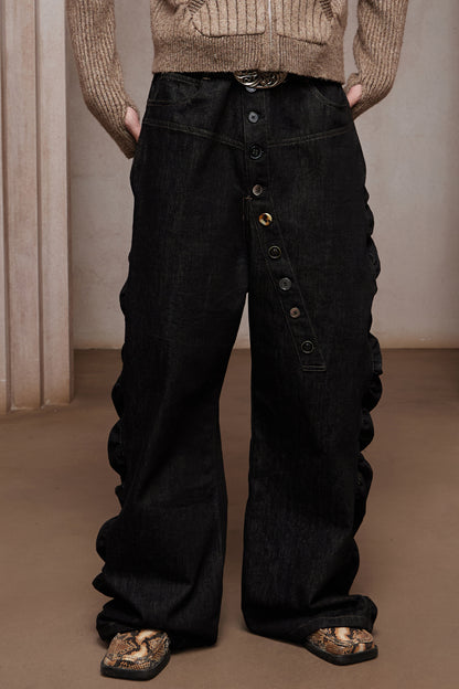 Asymmetric Button Fly Side-Ruched Raw Denim
