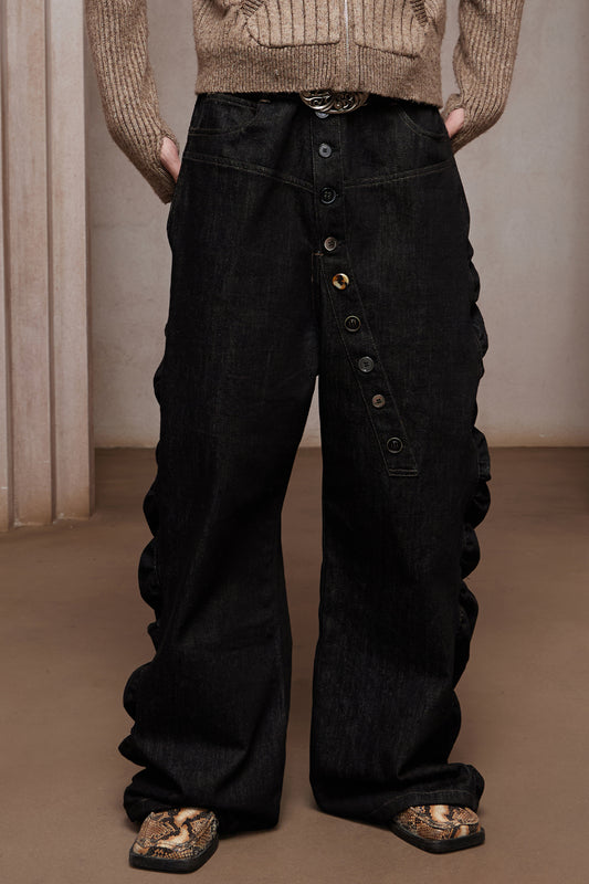 Asymmetric Button Fly Side-Ruched Raw Denim