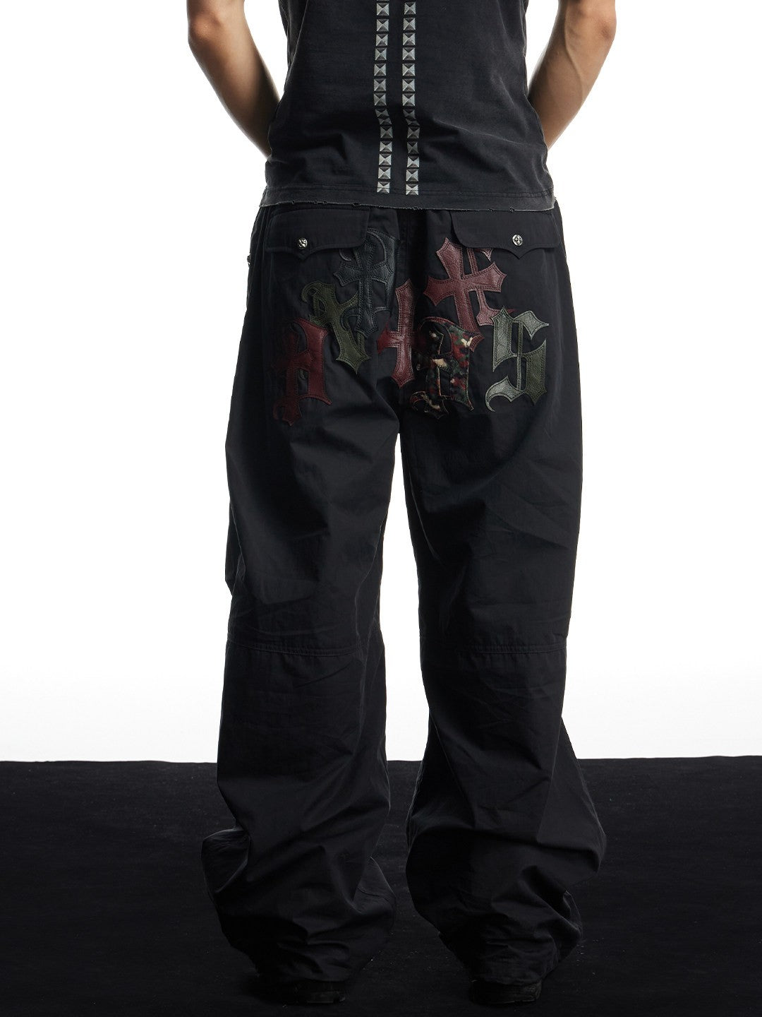 Cross Faux Leather Appliqué Wide-Leg Parachute Pants