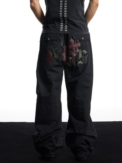 Cross Faux Leather Appliqué Wide-Leg Parachute Pants