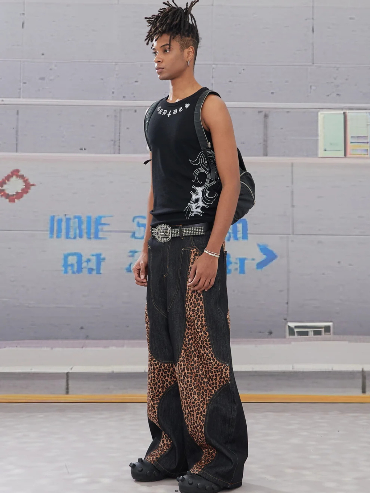 Cross-Paneled Genuine Haircalf Leopard Leather Curved Baggy Jeans