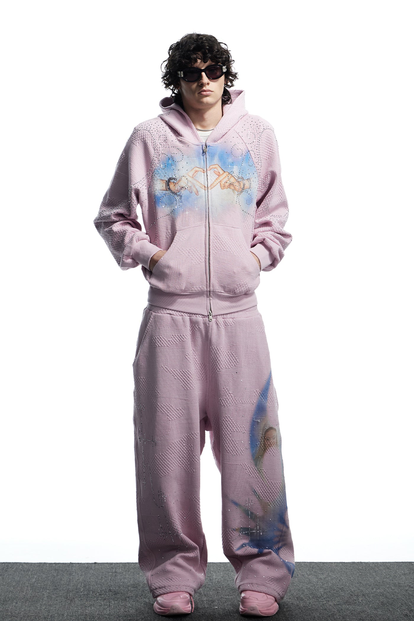 Virgin Mary Hotfix Rhinestone Double Waist Sweatpants - Pink
