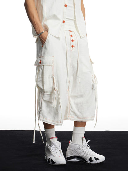 White Linen Infrared Contrast Stitch Bullet Back Patch Cargo Shorts