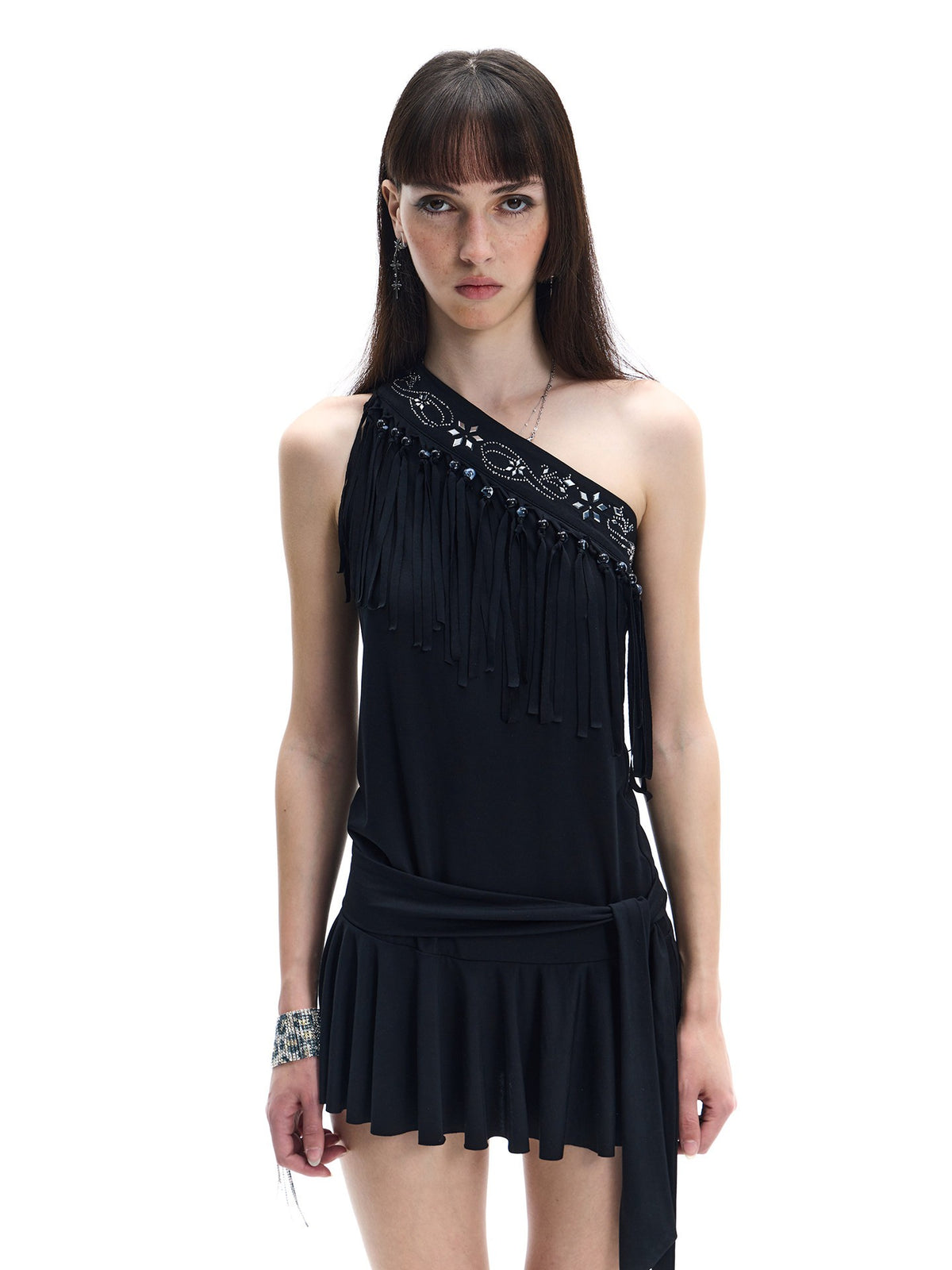 Embellished Fringe One-Shoulder Mini Dress