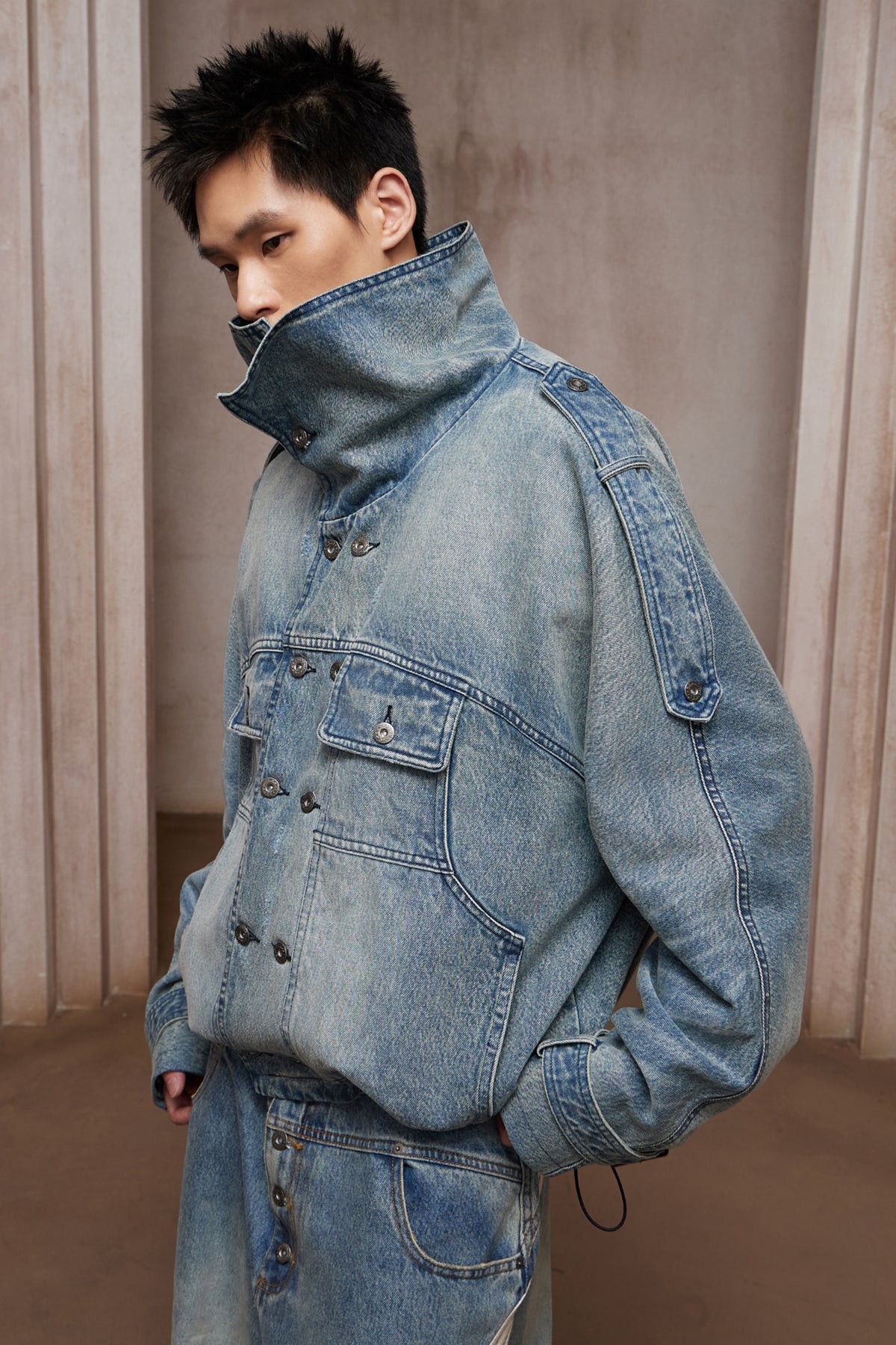 Washed Stand-Collar Double-Breasted Cropped Denim Trench Jacket