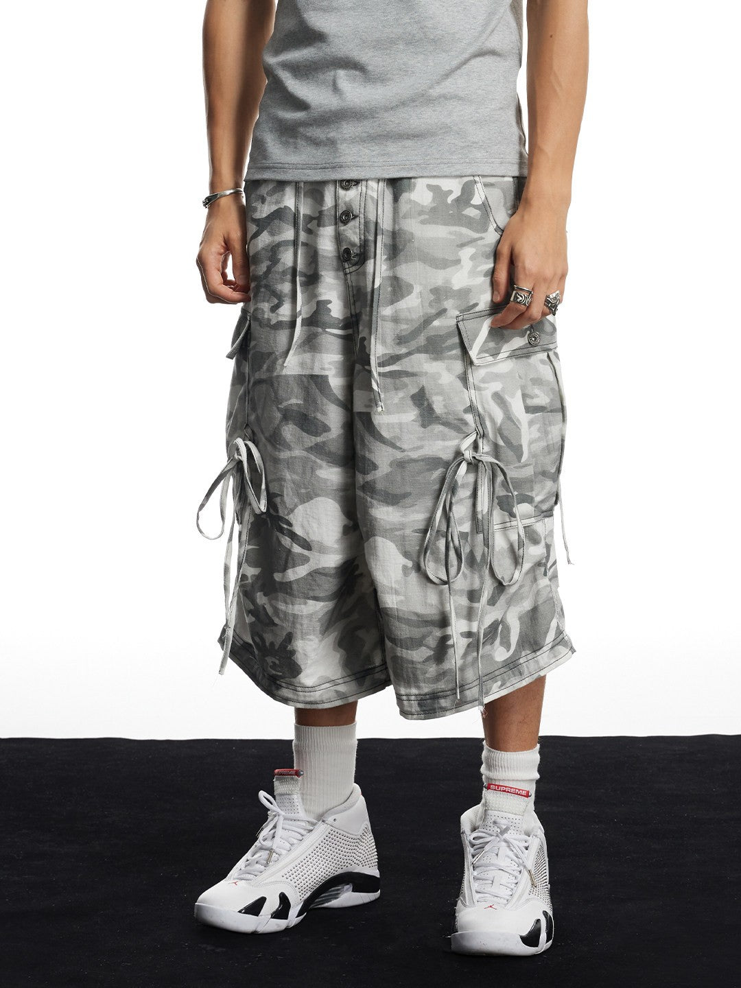 Grey Camo Linen Bullet Back Patch Cargo Shorts