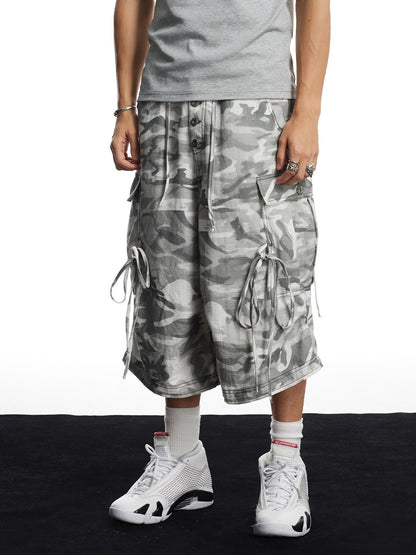 Grey Camo Linen Bullet Back Patch Cargo Shorts