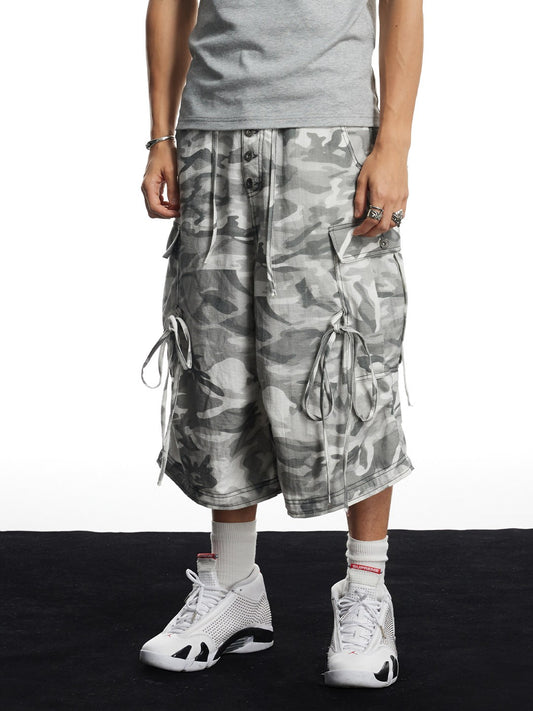 Grey Camo Linen Bullet Back Patch Cargo Shorts