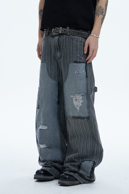 Striped Patchwork Distressed Carpenter Pants