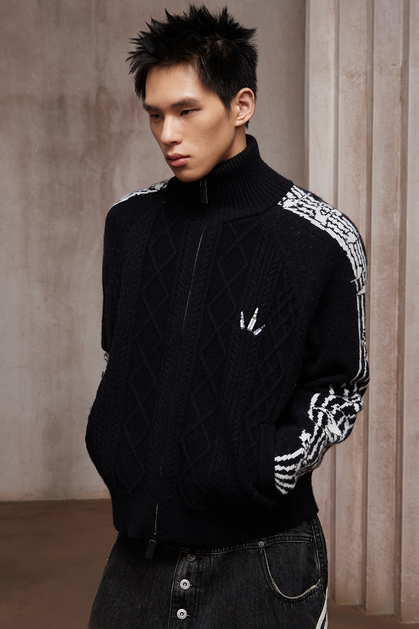Riff Aran Cable Knit High-Neck Zip-Up Jacket