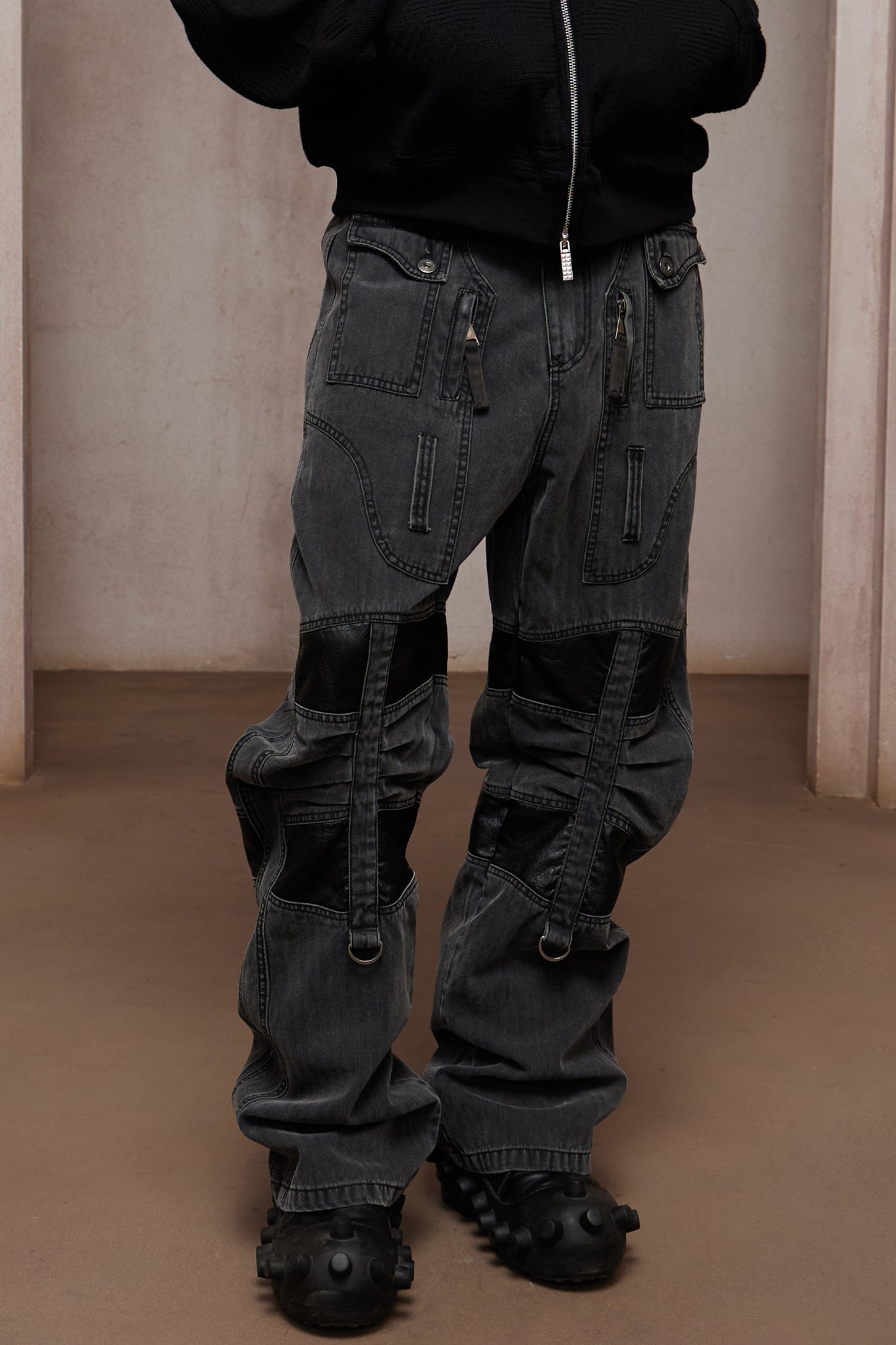 Heavy Washed Leather-Panel Utility Cargo Jeans