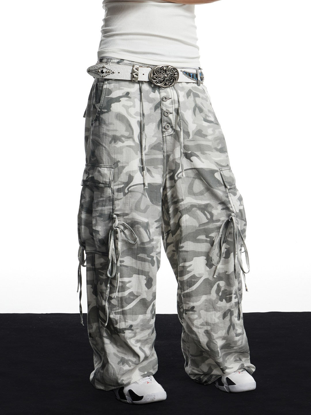 Grey Camo Linen Bullet Back Patch Wide-Leg Cargo Pants
