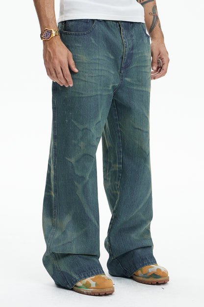 Laser Burning Ocean Straight Leg Jeans