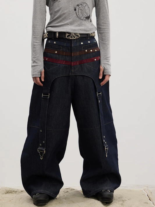 Triple Suede-Strapped Star-Rivet Harness Baggy Raw Denim